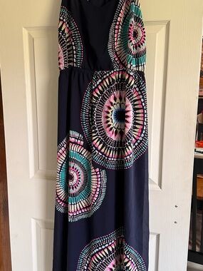 Women’s Navy Maxi Dress with Pink & Teal Mandala Print- Never Worn